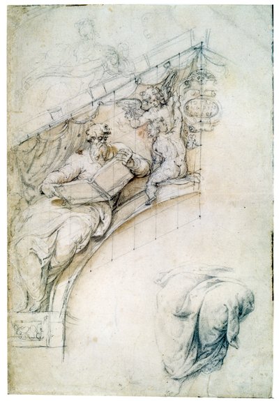 Decoration of a Wall Over an Entrance Arch with a Prophet and Two Puttos, c1525 by Perino del Vaga