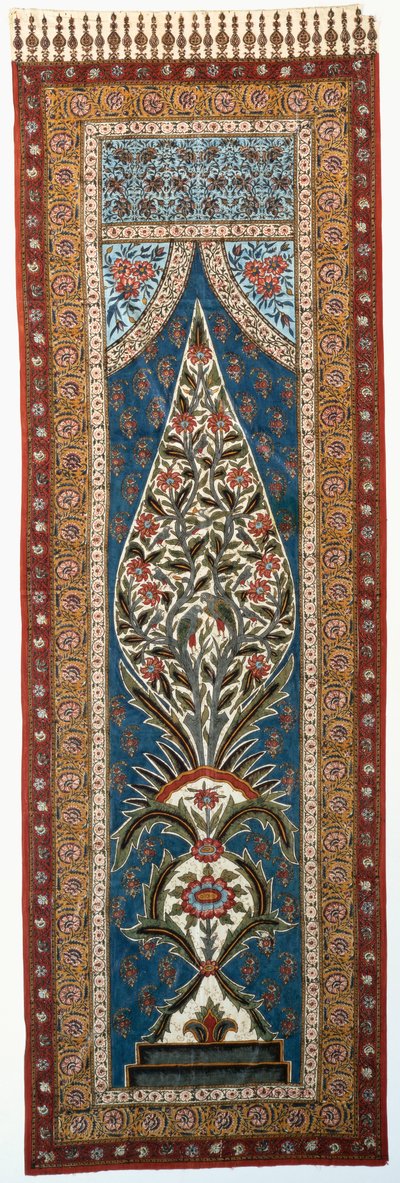 A glazed cotton kalimkari painted and printed with parrots and further birds perched in the branches of a flowering, flame-shaped tree by Persian School