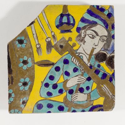 Safavid Persia Pottery Tile Depicting a Man Playing a Flute by Persian School