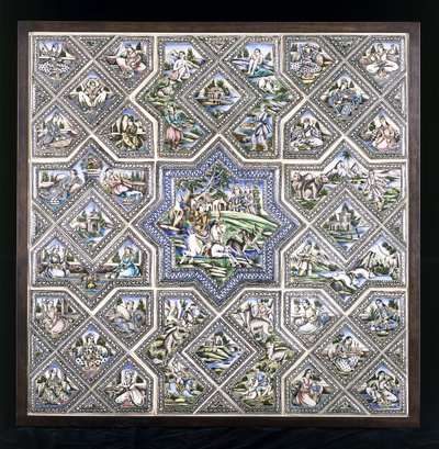 A Pottery Tile Panel, Depicting Bahram Gur Hunting, and Several Other Figures in a Variety of Scenes by Persian School