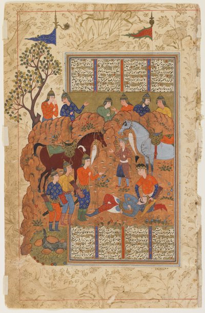 Iskandar comforts the dying Darab from a Shahnama by Persian School