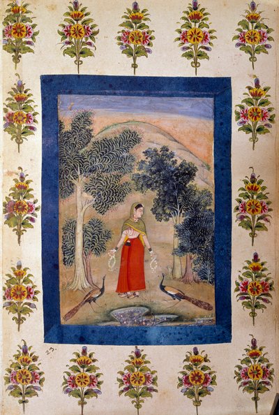 Lady with Two Flower Necklaces and Two Peacocks by Persian School
