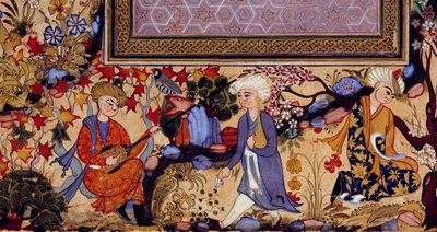 Entertainment scene with musicians. Detail of a 16th century Persian miniature by Persian School