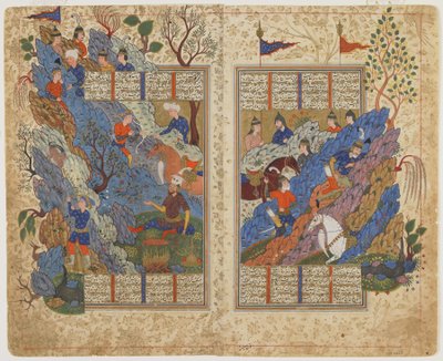 Rustam kicks back the rock rolled on him by Bahman from a Shahnama (Book of kings), c.1590-1600 by Persian School