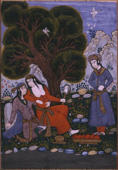 Servant bringing fruits to a couple in a garden by Persian School