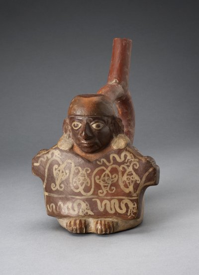 Stirrup Spout Vessel Depicting Man Holding Decorated Textile by Peruvian School