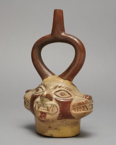 Stirrup vessel in the form of multi-headed feline being, A.D. 250-500 by Peruvian School