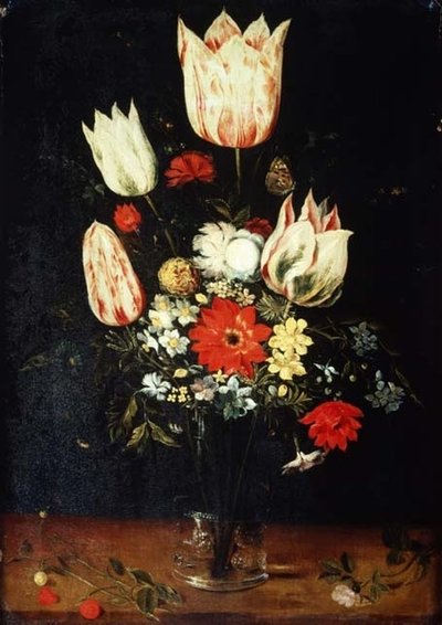 Flowers in a Glass Vase on a Ledge by Peter Binoit
