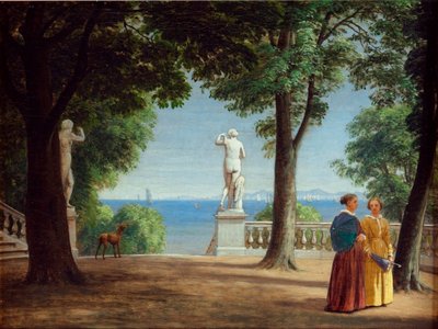 View towards Kullen from a garden terrace with statues by Peter Christian Skovgaard