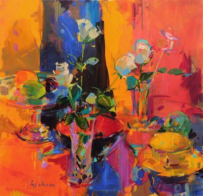 Still Life Table with Roses and Fruit by Peter Graham (Contemporary)