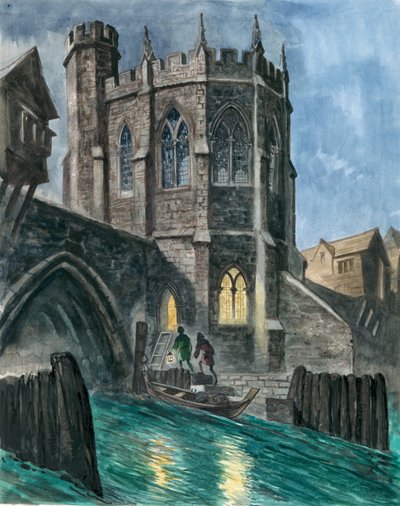 Imaginary reconstruction of the Chapel of St Thomas on old London Bridge by Peter Jackson