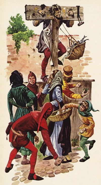 Man in pillory being pelted with rotten eggs by the villagers by Peter Jackson
