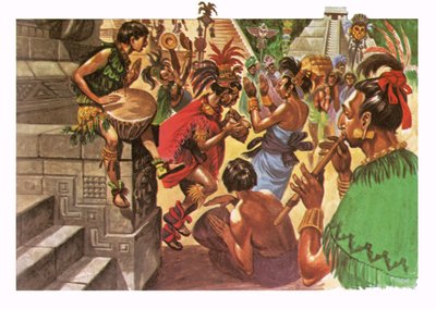 Mayan natives dancing and making music in front of a temple by Peter Jackson