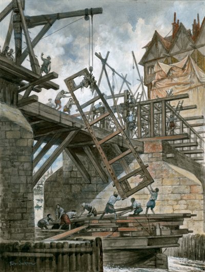 Nonesuch House being erected on old London Bridge by Peter Jackson