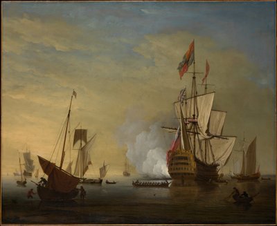 Harbor Scene: An English Ship with Sails Loosened Firing a Gun by Peter Monamy