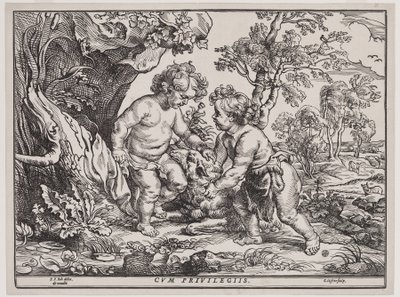 Infant Christ and Saint John Playing with a Lamb, Engraving by Christoffel Jegher by Peter Paul (after) Rubens