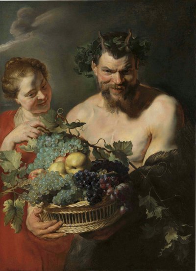 A satyr holding a basket of grapes and quinces with a nymph by Peter Paul Rubens