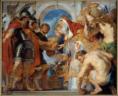 Abraham and Melchisedech. Returning from a victorious campaign, Abraham met Melchisedech, king of Salem who brought him bread and wine. He was a priest and pronounced this blessing by Peter Paul Rubens