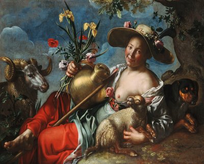 A Shepherdess Reclining with a Rabbit, a Hound and a Ram by Peter Wtewael