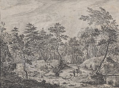 Forest landscape with a rider conversing with a man at center, a footbridge at right by Peter von Bemmel