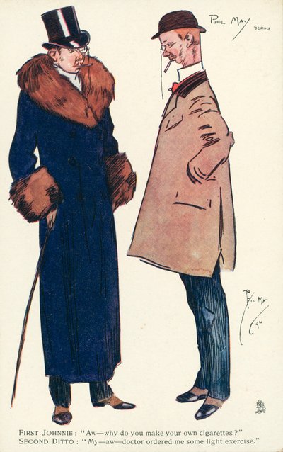 Two gentlemen having a conversation about cigarettes and exercise by Phil May