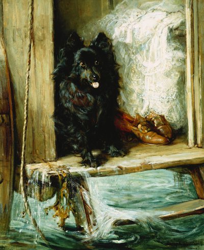 Left in Charge - A Black Pomeranian on the Steps of a Bathing Machine by Philip Eustace Stretton