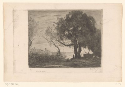 Landscape with flutist under a tree and silhouette of a city by Philip Zilcken (signed by artist)