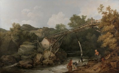 A View Near Matlock, Derbyshire with Figures Working Beneath a Wooden Conveyor by Philippe-Jacques de Loutherbourg