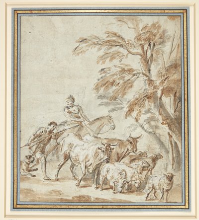 Shepherds with Cows and Sheep. Left, a Shepherd with a Staff, Next to Him a Shepherd Riding a Horse. Right, Trees by Philippe Louis Parizeau