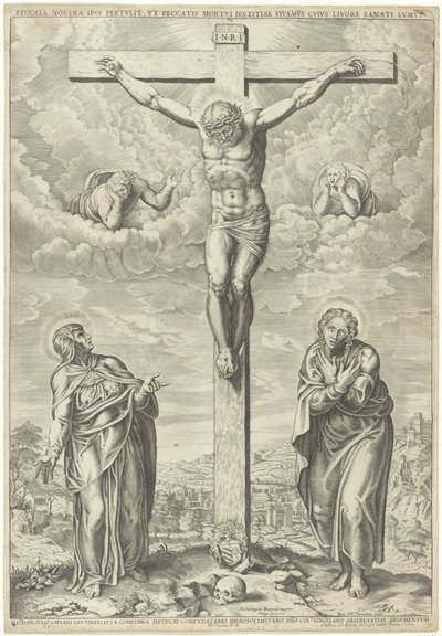 Christ on the Cross Flanked by Mary and John in a Landscape by Philippe de Soye