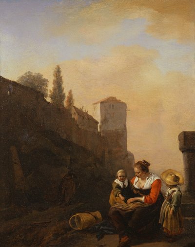 A Peasant and two Children resting in front of a Tower in Italy by Philips Wouwermans or Wouvermans