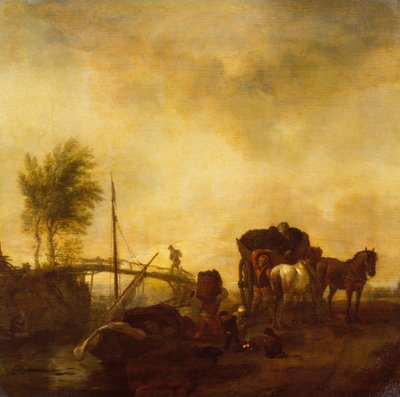 Labourers Loading Peat from a Barge onto a Wagon by Philips Wouwermans or Wouvermans