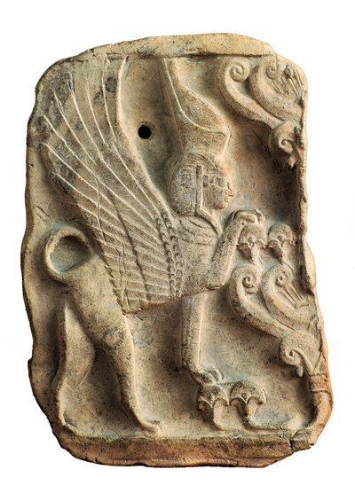 Pinax decorated with Sphinx with double Egyptian crown protecting the Tree of Life, Necropolis of Puig des Molins, Ibiza (Spain) by Phoenician