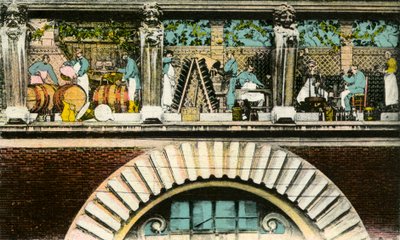Frieze above the door representing the various stages of wine work, Reims, rue de Mars, entrance of the Maison des Champagnes Veuve Clicquot by Photographer French