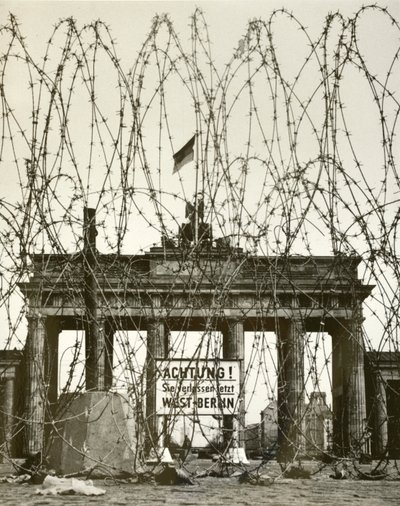 Barbed wire in front of the Brandenburg Gate, Berlin, Germany, during the Allied occupation of the city after World War II by Photographer German