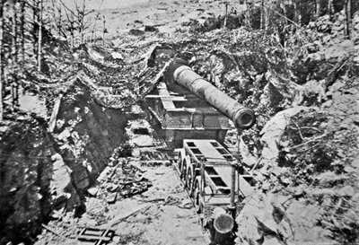 Big Bertha, one of several giant German guns mounted on railtrack during WWI by Photographer German