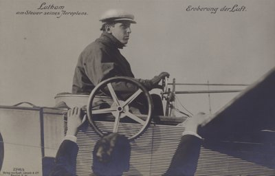 French aviator Hubert Latham at the controls of his aeroplane by Photographer German