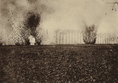 Shells exploding in front of St Vaast Wood, near Arras, France, World War I by Photographer German