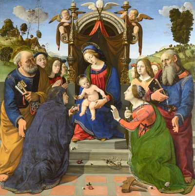 Madonna and Child Enthroned with Saints Peter, John the Evangelist, Elizabeth of Hungary, Catherine of Alexandria and Angels by Piero di Cosimo