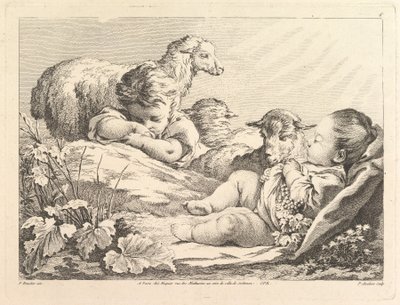 Two Sleeping Children with Three Sheep by Pierre Alexandre Aveline