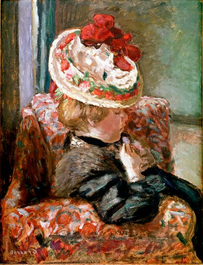 The Straw Hat Woman Sitting on a Flower Couch by Pierre Bonnard