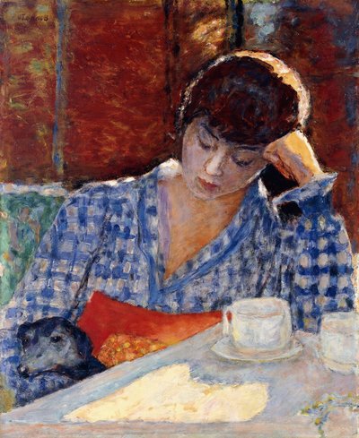 Woman leaning on her Elbow with a Dog and a Still Life by Pierre Bonnard