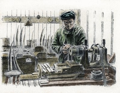 An Ivory worker carving elephant tusks at work in his workshop Engraving from 