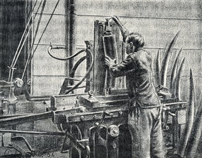 Ivory craftsman cutting elephant tusks Engraving from “Excursion a travers les metiers” by Pierre Calmette Private Collection by Pierre Calmettes