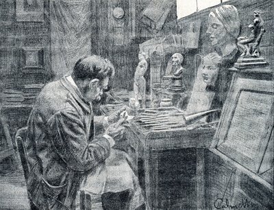 Ivory worker carving ivory with chisels, scrapers and gouges Engraving from 