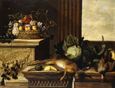 Fruit in a Wicker Basket with Figs on a Plinth, Dead Game, a Cabbage, a Melon, a Gourd and an Artichoke on a Stone Ledge, a Window Beyond by Pierre Dupuis
