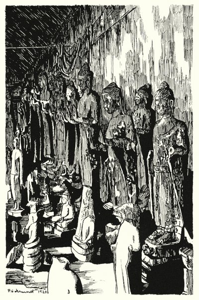 An assembly of Buddhas in a passage by Pierre Jeannerat de Beerski