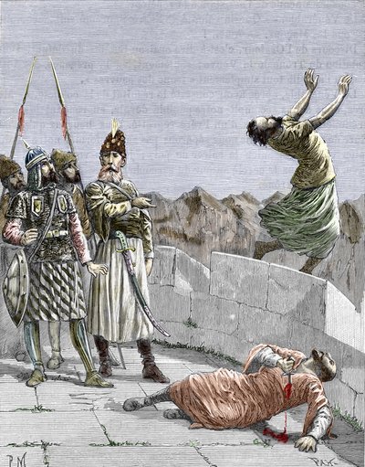 Ismaili sect of the east or murderers founded by Hassan ibn al-Sabbah (1036-1124), known as the old man of the Mountain, rep ordering two of his fanatic followers to kill themselves, Alamut, Persia, around 1096 (Nizari Ismailism: representation of Hassan by Pierre Mejanel