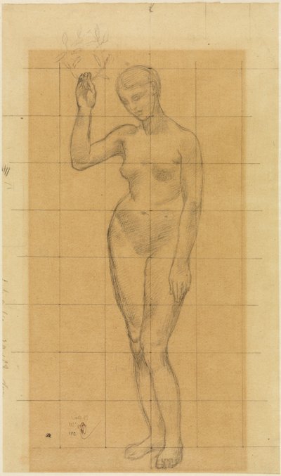 Standing Female Nude, Diagonally to the Left, Holding a Wreath in the Raised Right Hand by Pierre Puvis de Chavannes