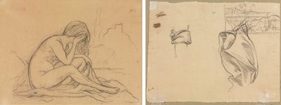 Study of a Female Nude (possibly for an unrealized allegorical painting) (recto); Studies of Drapery and Study of a Landscape (verso) by Pierre Puvis de Chavannes
